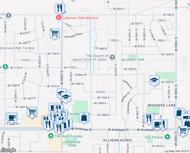map of restaurants, bars, coffee shops, grocery stores, and more near 1242 South 1700 West in Syracuse