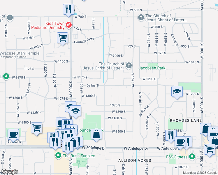 map of restaurants, bars, coffee shops, grocery stores, and more near 1242 South 1700 West in Syracuse