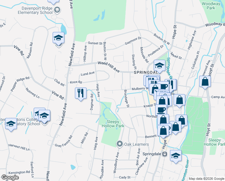 map of restaurants, bars, coffee shops, grocery stores, and more near 120 Mulberry Street in Stamford