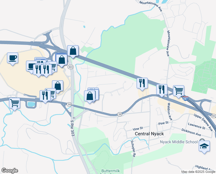 map of restaurants, bars, coffee shops, grocery stores, and more near 17 Broome Boulevard in Nyack