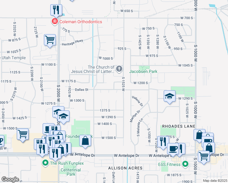 map of restaurants, bars, coffee shops, grocery stores, and more near 1240 South 1575 West in Syracuse