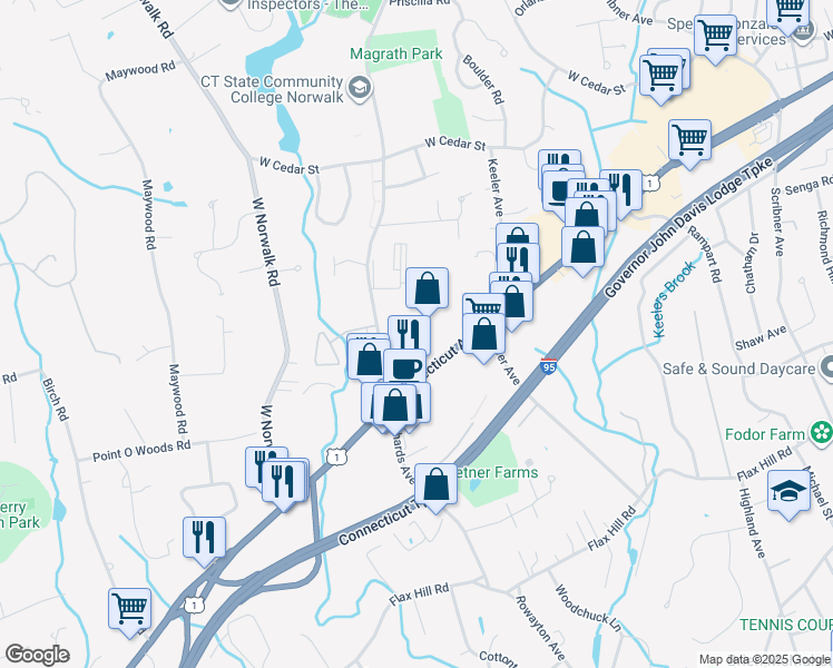 map of restaurants, bars, coffee shops, grocery stores, and more near 680 Connecticut Avenue in Norwalk