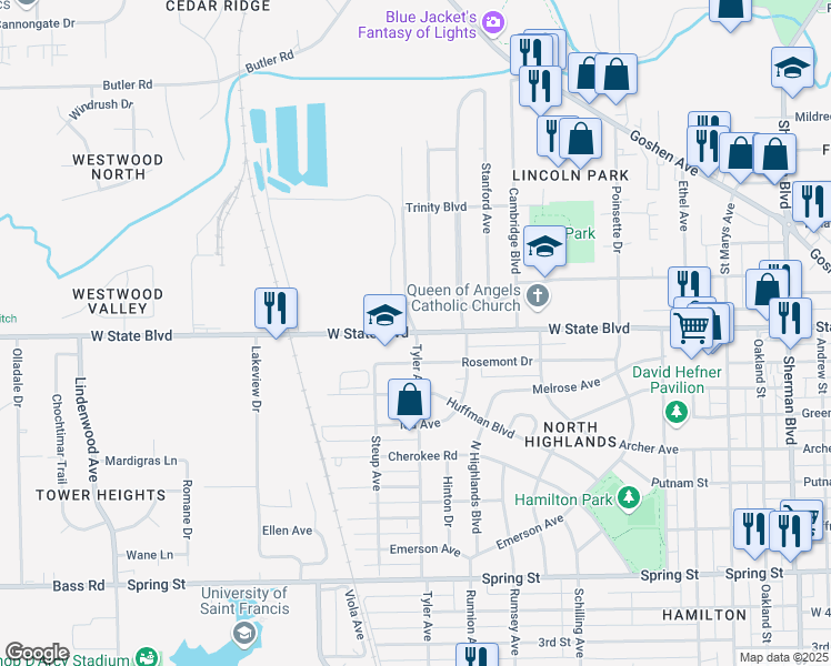 map of restaurants, bars, coffee shops, grocery stores, and more near 1901 West State Boulevard in Fort Wayne