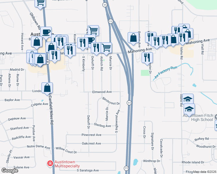 map of restaurants, bars, coffee shops, grocery stores, and more near 157 Marcia Drive in Youngstown