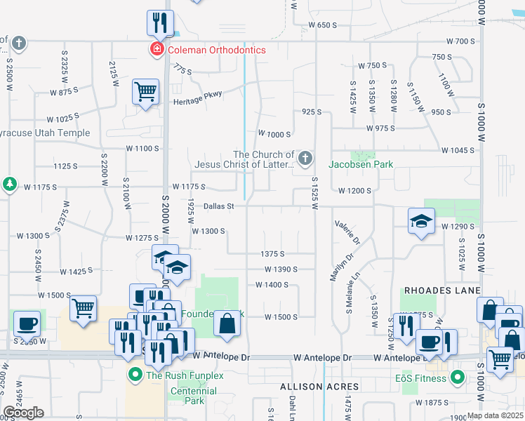 map of restaurants, bars, coffee shops, grocery stores, and more near 1242 South 1700 West in Syracuse