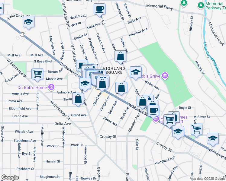 map of restaurants, bars, coffee shops, grocery stores, and more near 705 West Market Street in Akron