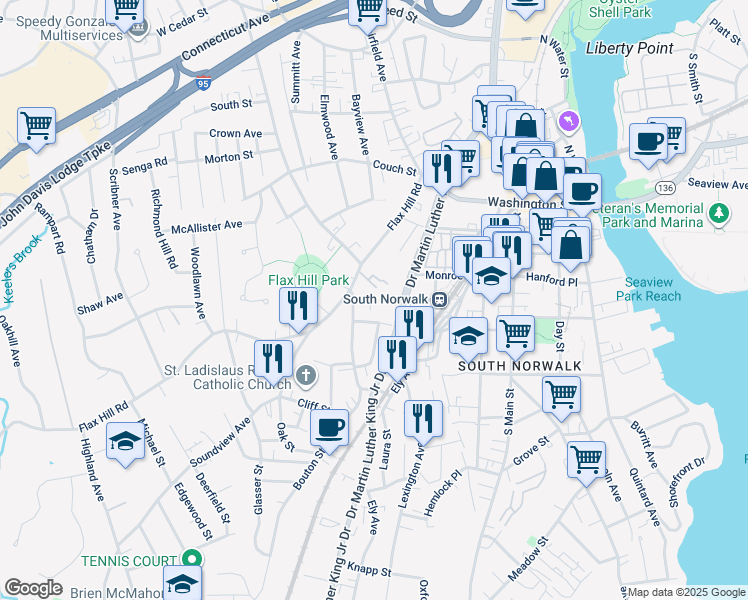 map of restaurants, bars, coffee shops, grocery stores, and more near 208 Flax Hill Road in Norwalk