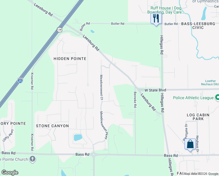 map of restaurants, bars, coffee shops, grocery stores, and more near 2302 Cloverfield Court in Fort Wayne