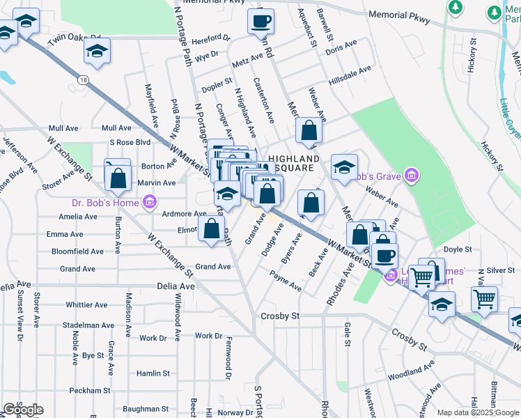 map of restaurants, bars, coffee shops, grocery stores, and more near 22 Grand Avenue in Akron