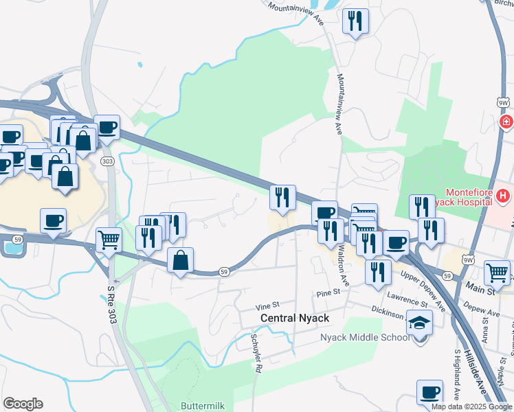 map of restaurants, bars, coffee shops, grocery stores, and more near 12 South Delaware Drive in Nyack