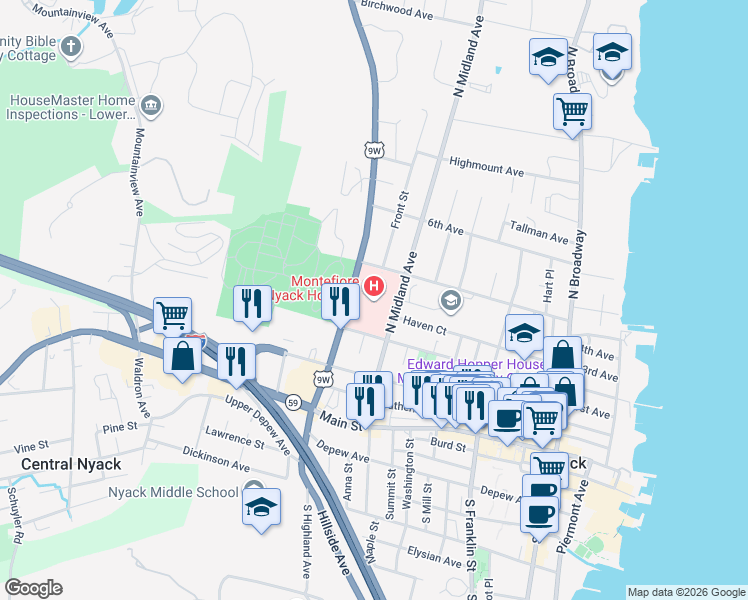 map of restaurants, bars, coffee shops, grocery stores, and more near 160 North Midland Avenue in Nyack