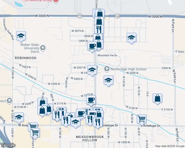 map of restaurants, bars, coffee shops, grocery stores, and more near in Layton