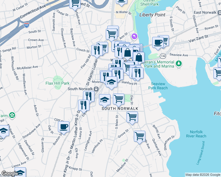 map of restaurants, bars, coffee shops, grocery stores, and more near 13 Chestnut Street in Norwalk