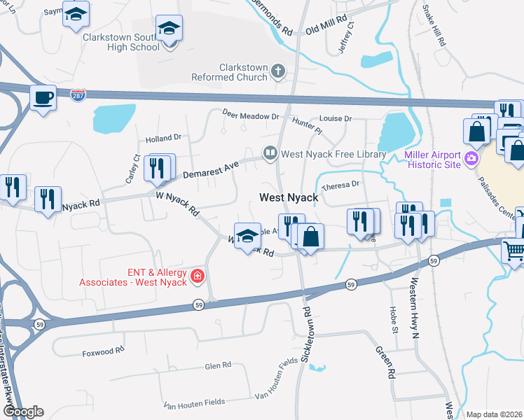 map of restaurants, bars, coffee shops, grocery stores, and more near 27 Strawtown Road in West Nyack