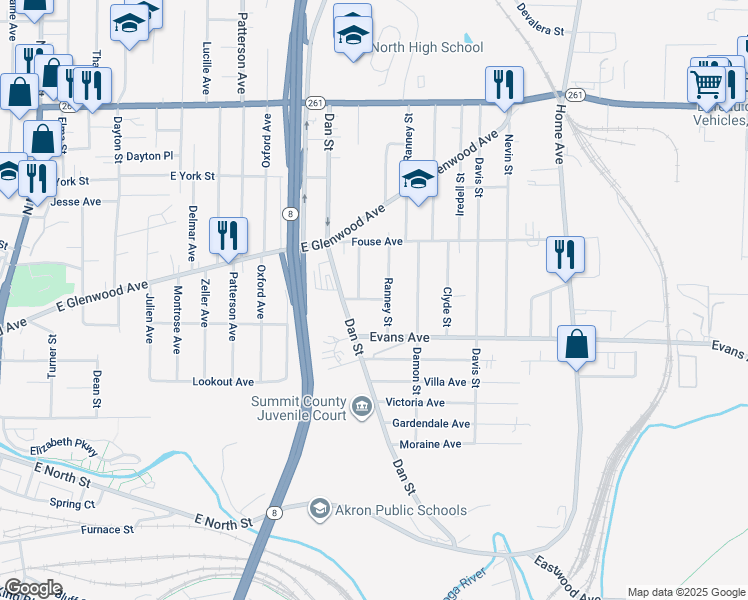 map of restaurants, bars, coffee shops, grocery stores, and more near 630 Ranney Street in Akron