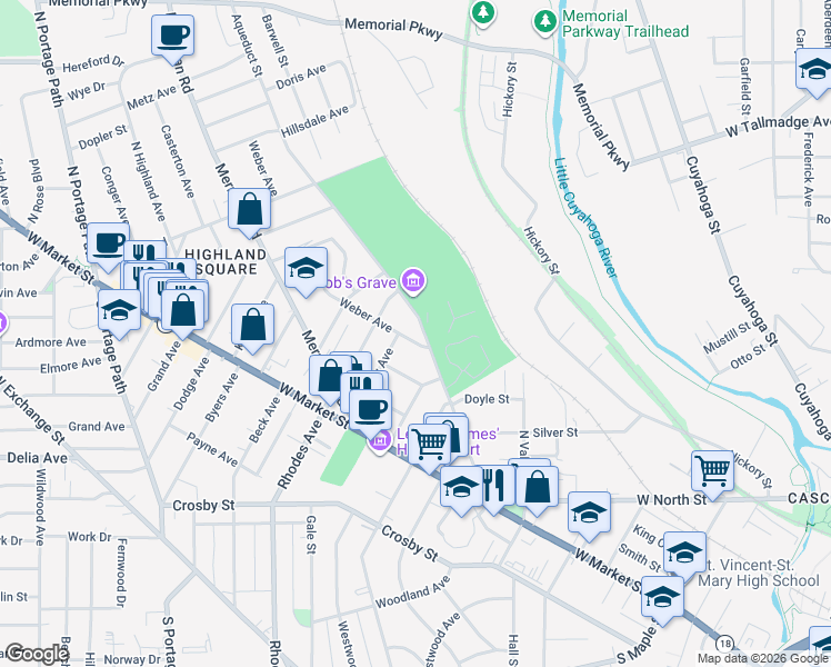 map of restaurants, bars, coffee shops, grocery stores, and more near 540 Weber Avenue in Akron