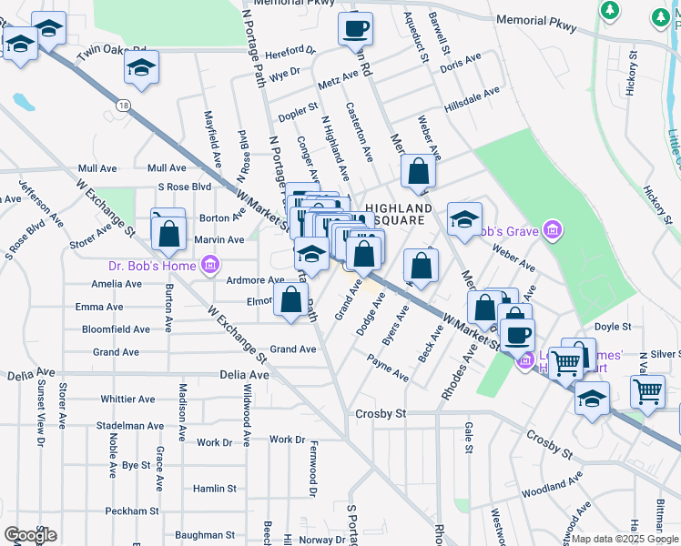 map of restaurants, bars, coffee shops, grocery stores, and more near 22 Grand Avenue in Akron