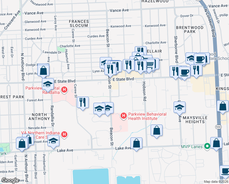 map of restaurants, bars, coffee shops, grocery stores, and more near 2108 Hobson Drive in Fort Wayne