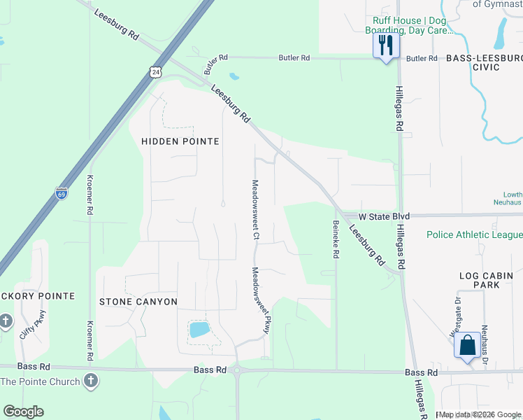 map of restaurants, bars, coffee shops, grocery stores, and more near 2302 Cloverfield Court in Fort Wayne