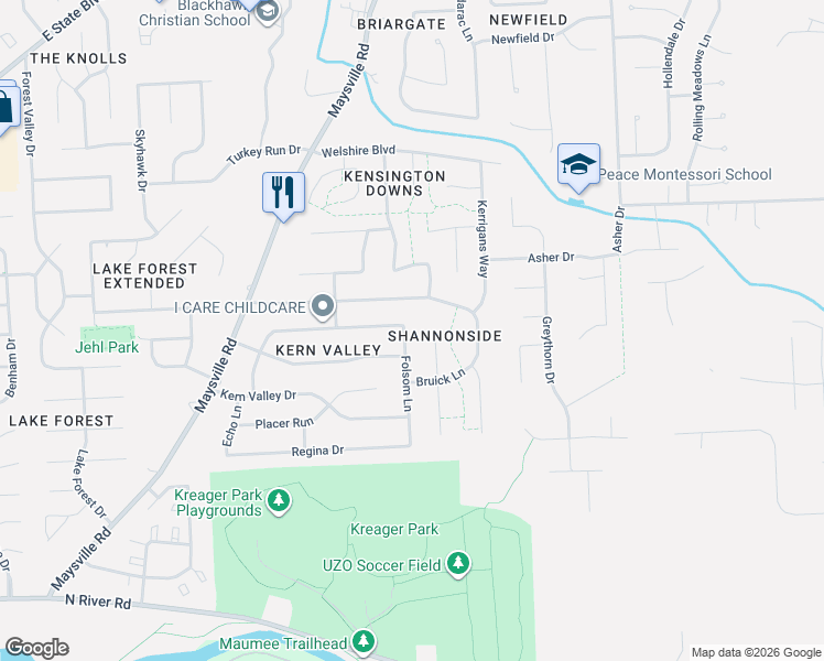 map of restaurants, bars, coffee shops, grocery stores, and more near 1808 Folsom Lane in Fort Wayne