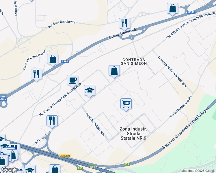 map of restaurants, bars, coffee shops, grocery stores, and more near in Modugno
