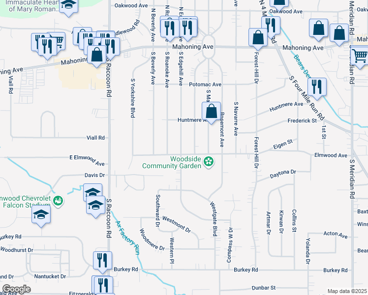map of restaurants, bars, coffee shops, grocery stores, and more near 287 South Edgehill Avenue in Youngstown