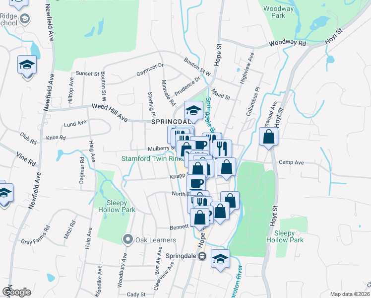 map of restaurants, bars, coffee shops, grocery stores, and more near 1092 Hope Street in Stamford