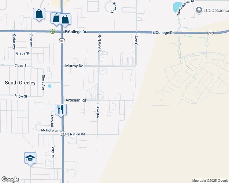 map of restaurants, bars, coffee shops, grocery stores, and more near 614 Artesian Road in Cheyenne