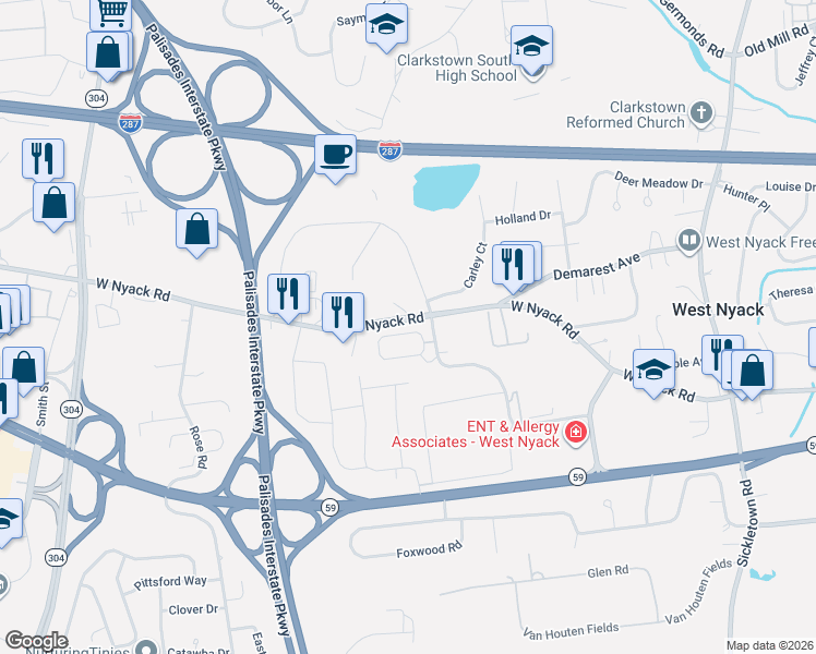 map of restaurants, bars, coffee shops, grocery stores, and more near 45 Wolfe Circle in West Nyack