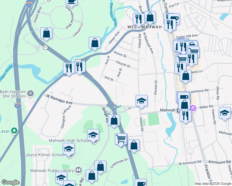 map of restaurants, bars, coffee shops, grocery stores, and more near 201 New Jersey 17 in Mahwah