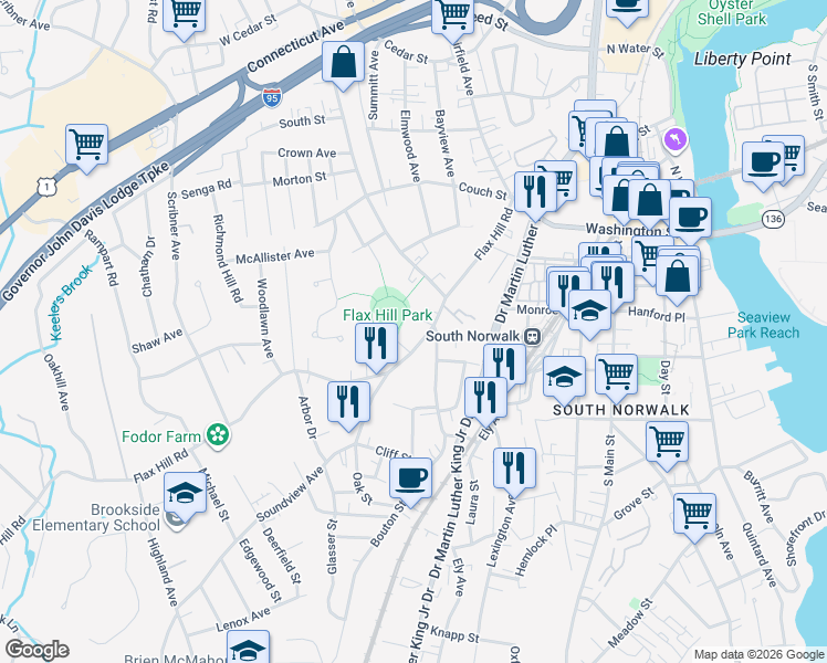 map of restaurants, bars, coffee shops, grocery stores, and more near 232 Flax Hill Road in Norwalk