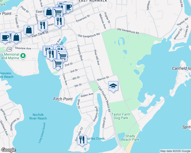 map of restaurants, bars, coffee shops, grocery stores, and more near 3 Marvin Street in Norwalk