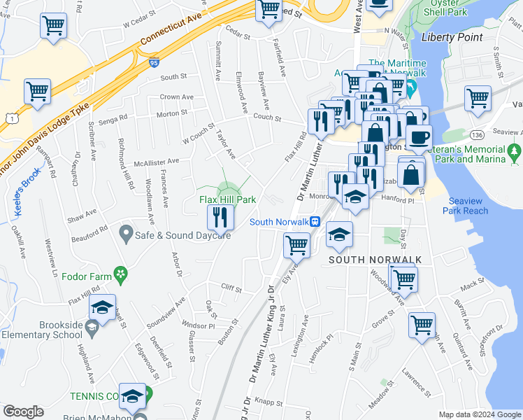 map of restaurants, bars, coffee shops, grocery stores, and more near 208 Flax Hill Road in Norwalk