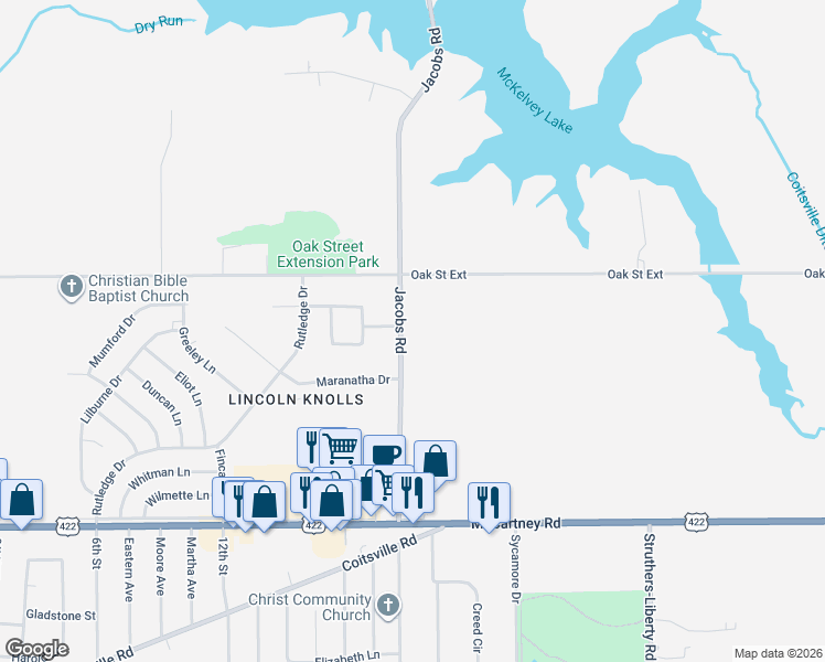map of restaurants, bars, coffee shops, grocery stores, and more near 177 Jacobs Road in Youngstown