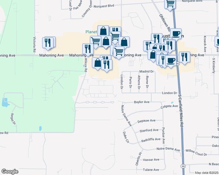 map of restaurants, bars, coffee shops, grocery stores, and more near 5825 Callaway Circle in Austintown