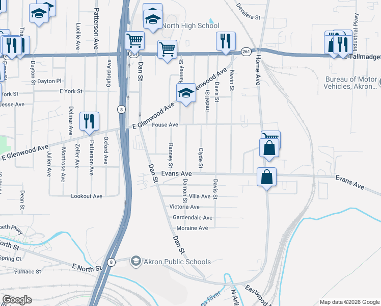 map of restaurants, bars, coffee shops, grocery stores, and more near 714 Damon Street in Akron