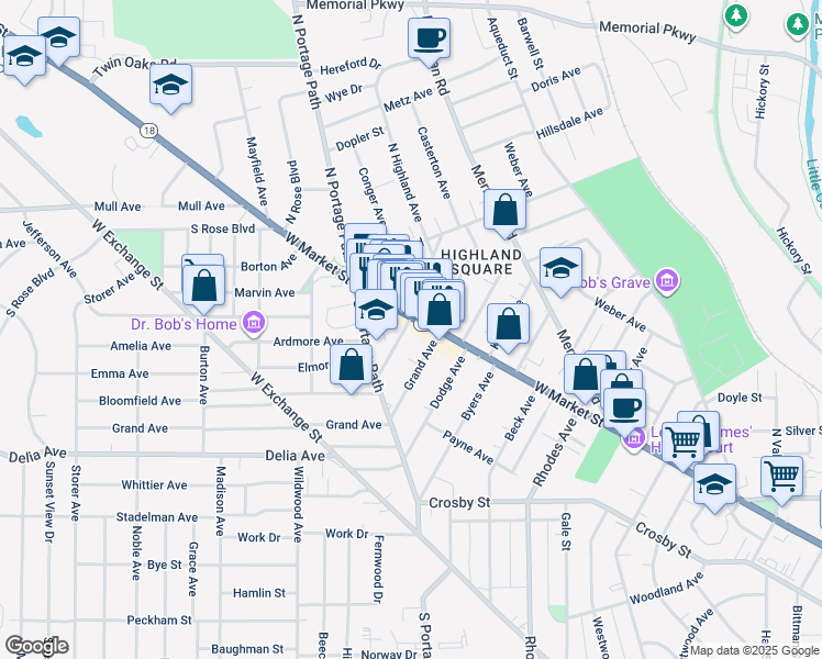 map of restaurants, bars, coffee shops, grocery stores, and more near 22 Grand Avenue in Akron
