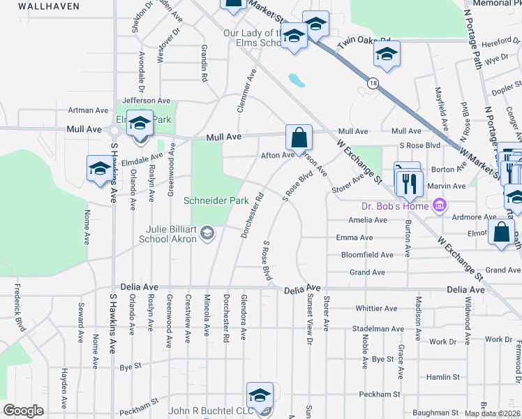 map of restaurants, bars, coffee shops, grocery stores, and more near 317 Dorchester Road in Akron
