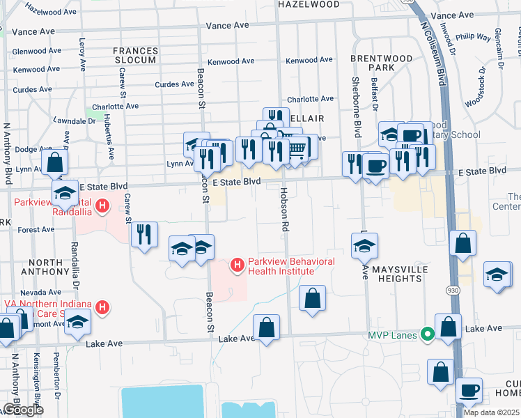 map of restaurants, bars, coffee shops, grocery stores, and more near 2021 Hobson Road in Fort Wayne