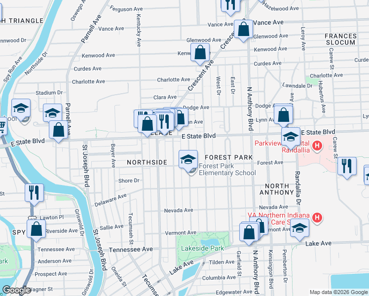 map of restaurants, bars, coffee shops, grocery stores, and more near 2120 California Avenue in Fort Wayne