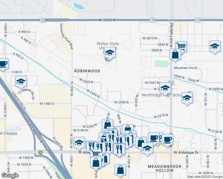 map of restaurants, bars, coffee shops, grocery stores, and more near 912 West 2450 North in Layton