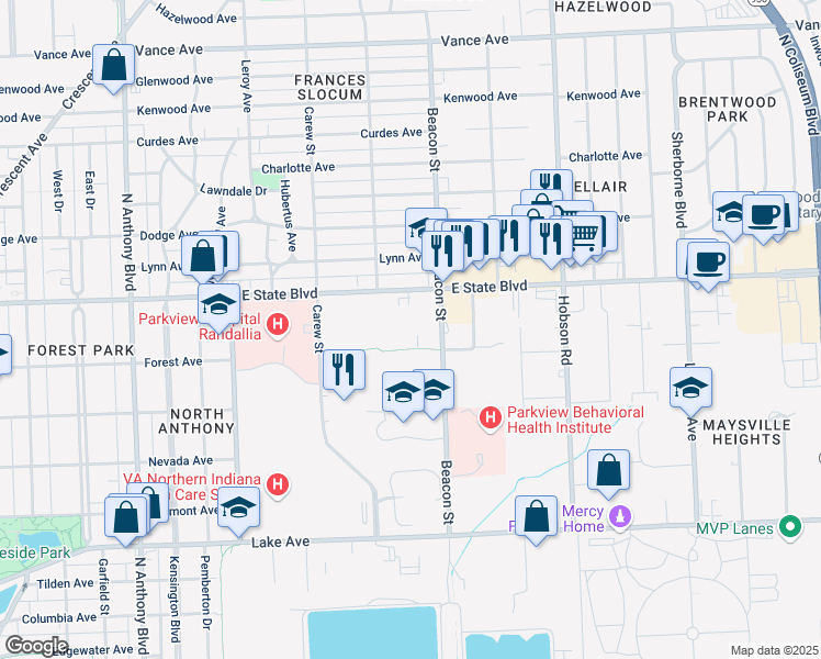 map of restaurants, bars, coffee shops, grocery stores, and more near 2620 East State Boulevard in Fort Wayne