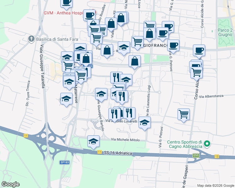 map of restaurants, bars, coffee shops, grocery stores, and more near Via Nicola dell'Andro in Bari