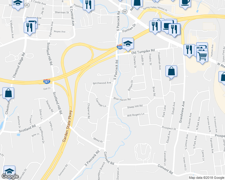 map of restaurants, bars, coffee shops, grocery stores, and more near 122 County Road 35 in Nanuet