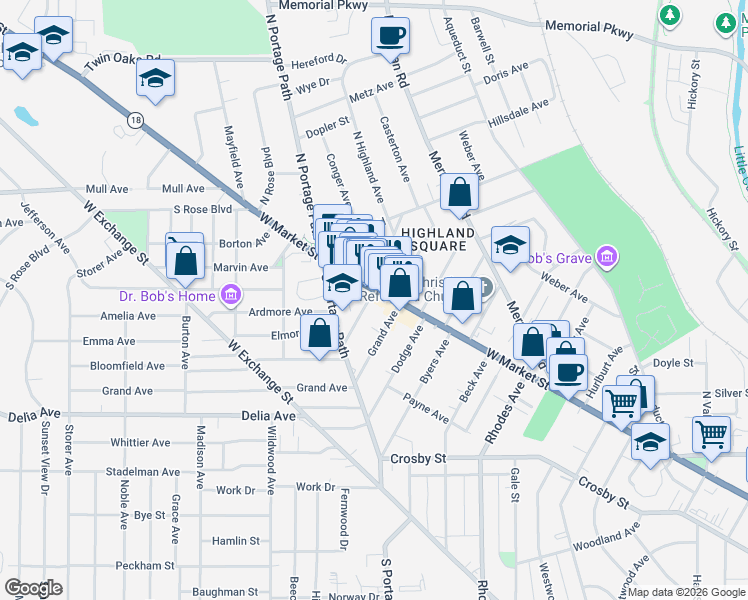 map of restaurants, bars, coffee shops, grocery stores, and more near 22 Grand Avenue in Akron