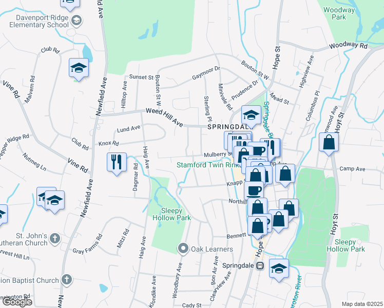 map of restaurants, bars, coffee shops, grocery stores, and more near 83 Mulberry Street in Stamford