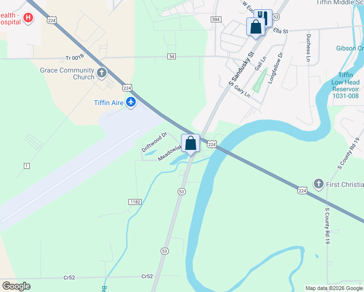 map of restaurants, bars, coffee shops, grocery stores, and more near 1601 Lakeview Drive in Tiffin