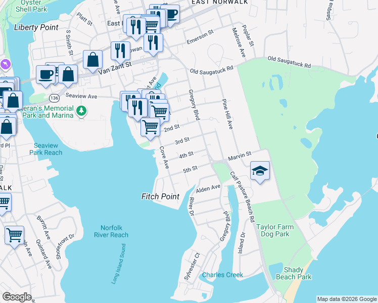 map of restaurants, bars, coffee shops, grocery stores, and more near 17 4th Street in Norwalk