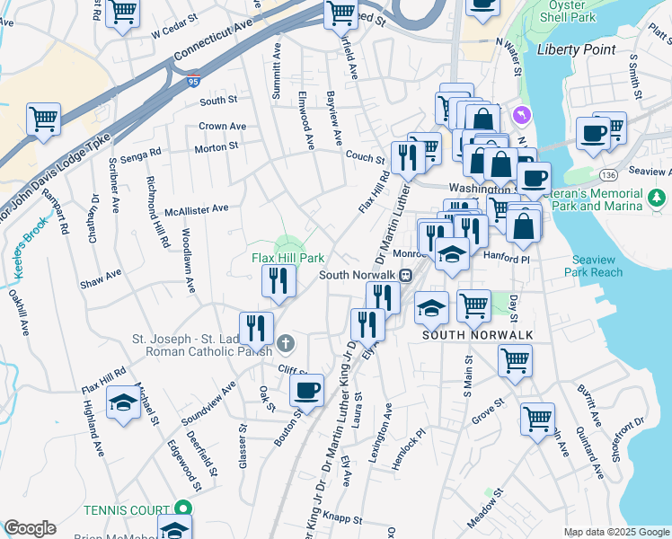 map of restaurants, bars, coffee shops, grocery stores, and more near 218 Flax Hill Road in Norwalk