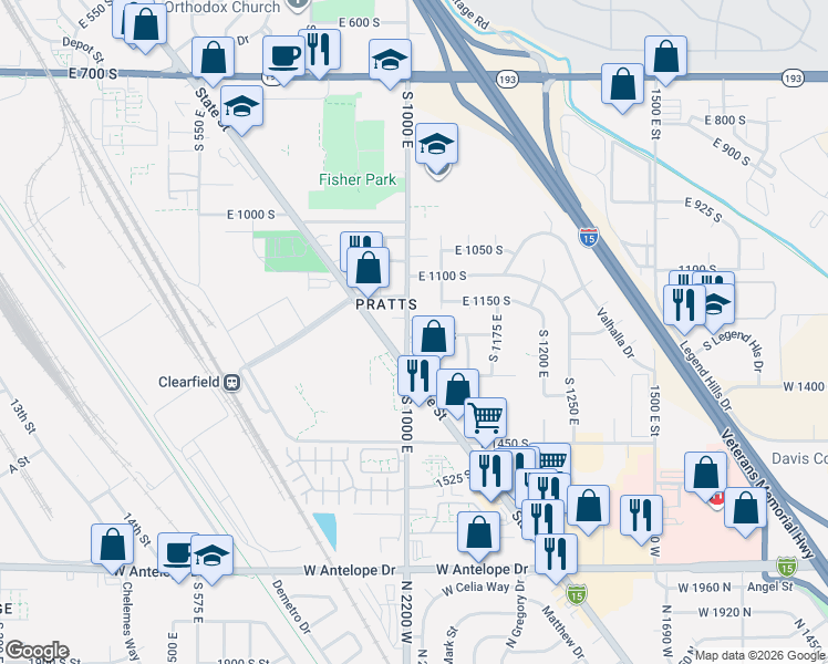 map of restaurants, bars, coffee shops, grocery stores, and more near 1021 1225 South in Clearfield